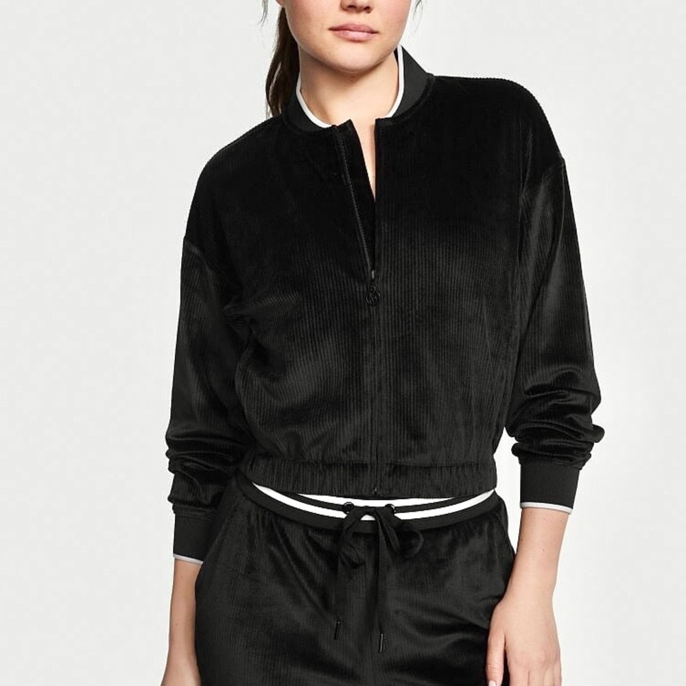 NWT Victoria's Secret Velour Bomber Jacket Size XL Cropped Ribbed‎ Track Jacket